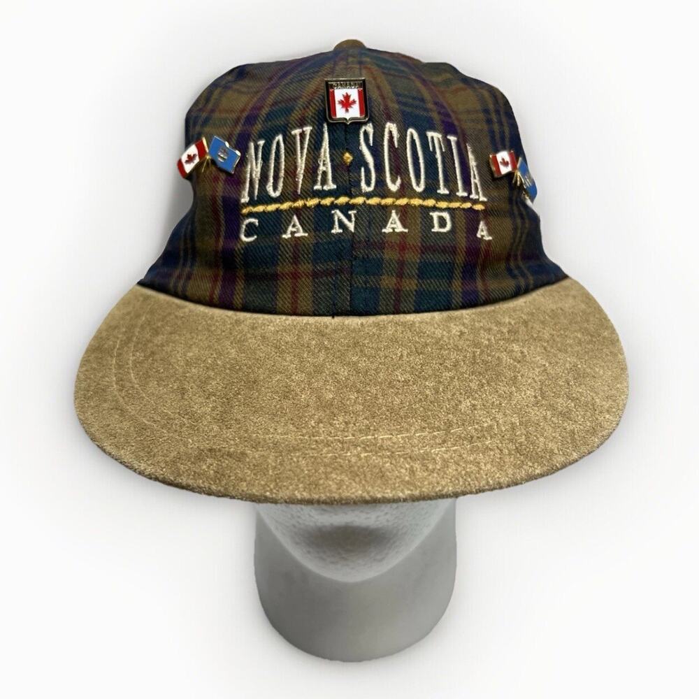 Rare Nova Scotia Canada Plaid Suede Peak Visor Cap with 7 Enamel Pins